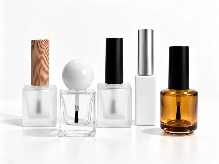 Custom glass nail polish bottles in round square and frosted designs with brush caps for beauty packaging