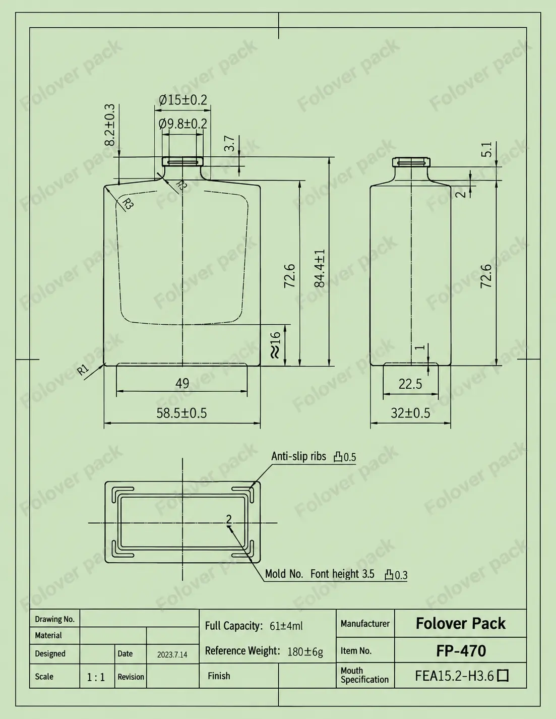 Technical drawing of 50ml custom glass perfume bottle FL470 for bottle development