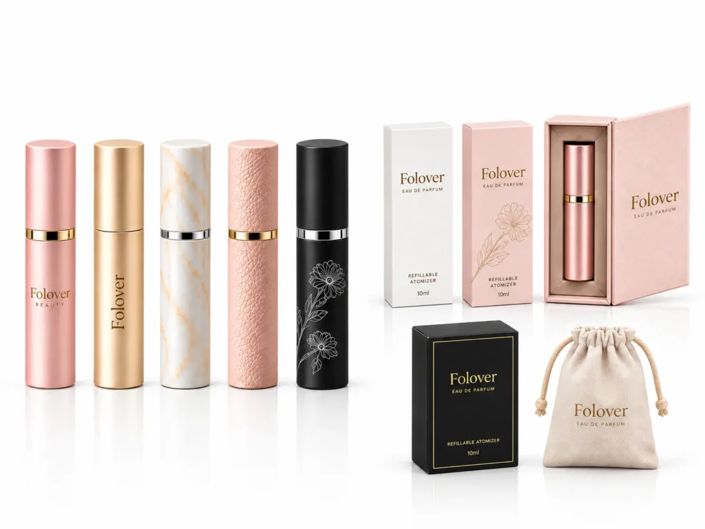 Custom Folover refillable perfume atomizers with branded shells and individual packaging options