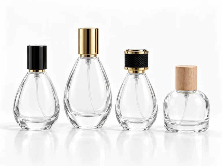 Decorative round and teardrop perfume bottles with metallic, textured and premium cap options by FOLOVER PACK