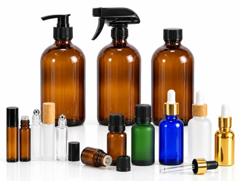 Essential oil glass packaging with dropper bottles, Euro dropper bottles and roll-on bottles