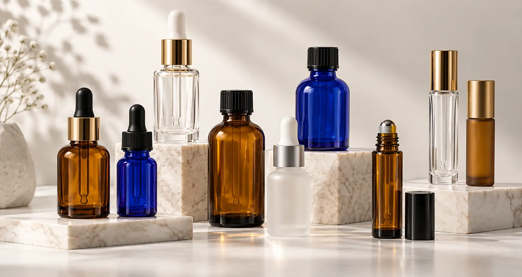 Essential oil glass bottles including amber, cobalt blue, dropper and roll-on bottles