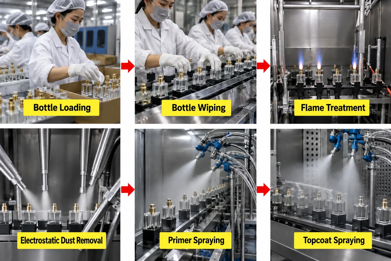 Glass cosmetic bottle spray coating process from bottle loading to topcoat spraying