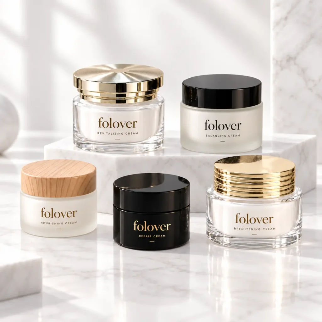 Custom glass cream jars in multiple sizes, shapes and cap styles for skincare packaging BY FOLOVER PACK