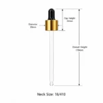 Gold aluminum collar glass dropper dimension view showing 20mm diameter, 34mm cap height, and 119mm total height including the glass pipette