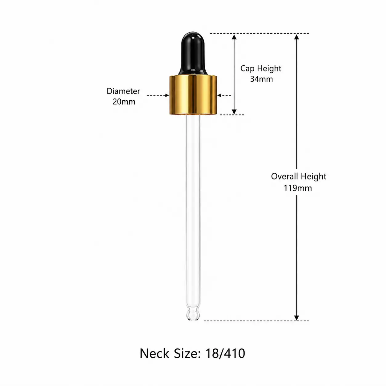 Dimensões do conta-gotas de vidro com aro de alumínio dourado Dimensões do conta-gotas de vidro com aro de alumínio dourado, mostrando diâmetro de 20mm, altura da tampa de 34mm e altura total de 119mm, incluindo a pipeta