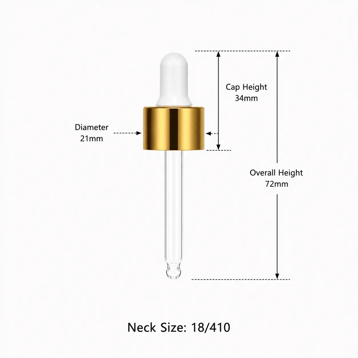 Dimensions de la pipette compte-gouttes à collerette en aluminium doré Vue dimensionnelle de la pipette compte-gouttes à collerette en aluminium doré indiquant un diamètre de 21mm, une hauteur de capuchon de 34mm et une hauteur totale de 72mm