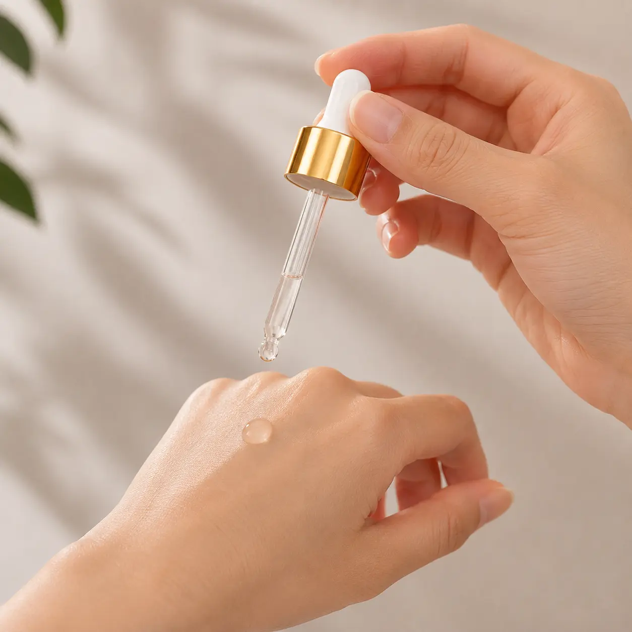 Pipette compte-gouttes à collerette en aluminium doré en cours d'utilisation Pipette compte-gouttes à collerette en aluminium doré en cours d'utilisation, distribuant un liquide à travers le tube en verre transparent