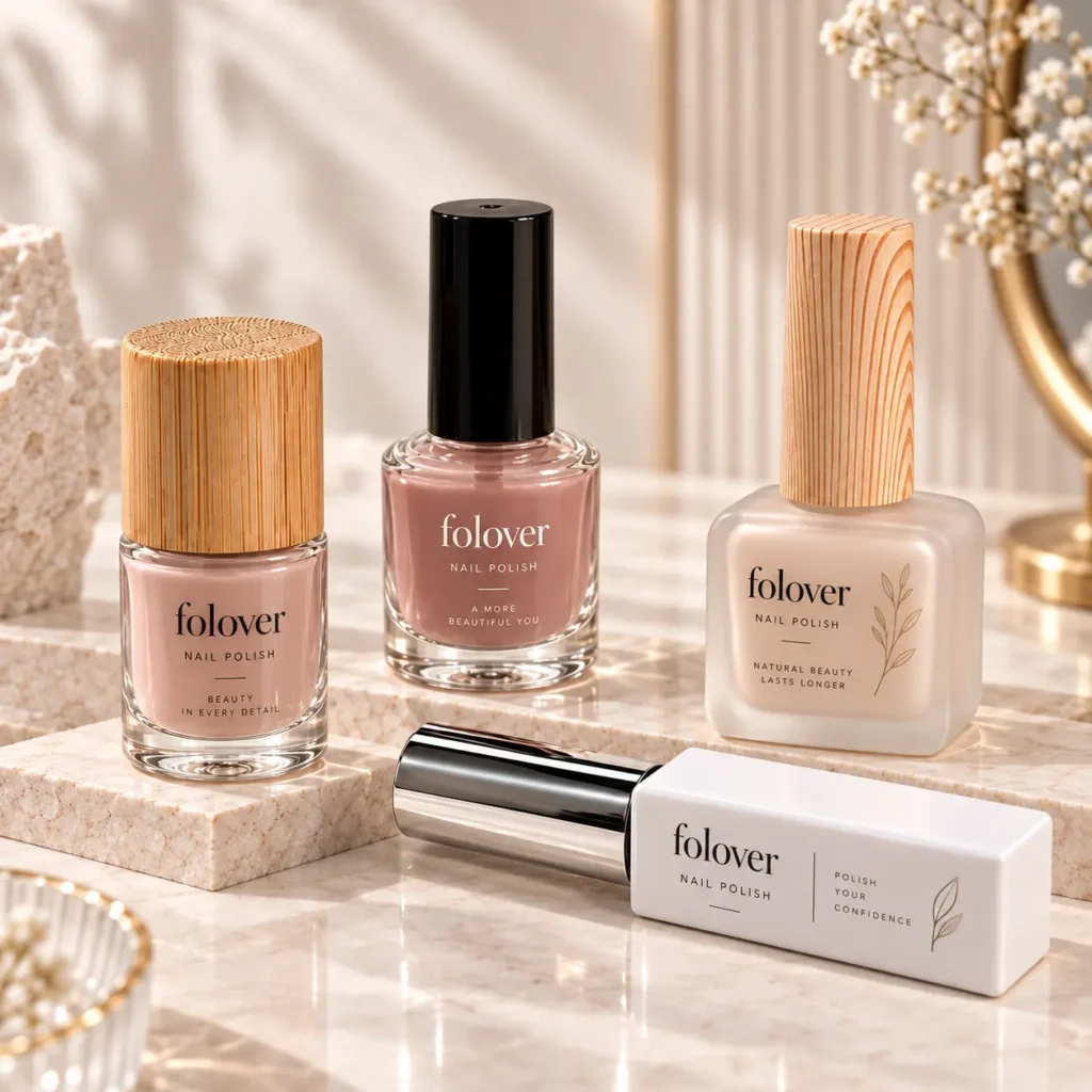 Different glass nail polish bottles with brush caps for selecting the right bottle packaging BY FOLOVER PACK