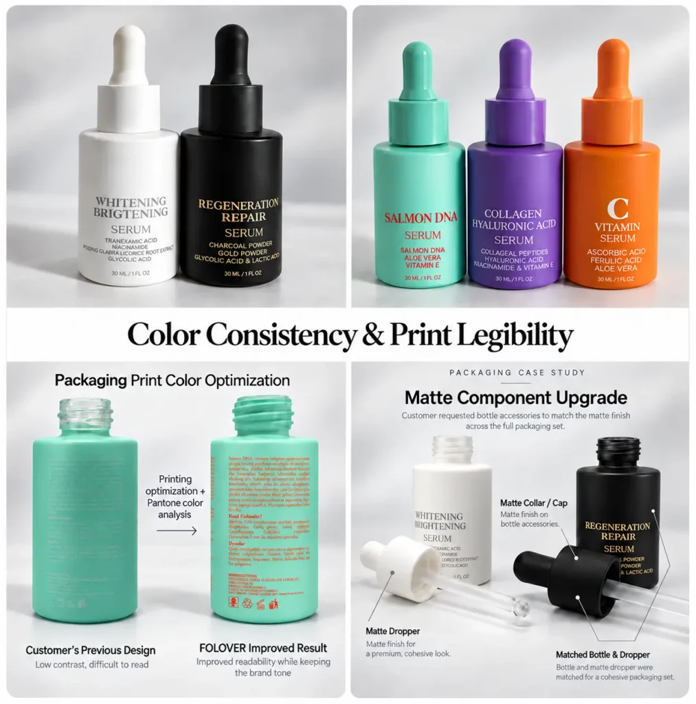 Laviren serum bottle color consistency and print legibility case study with custom colors, printing and matte droppers