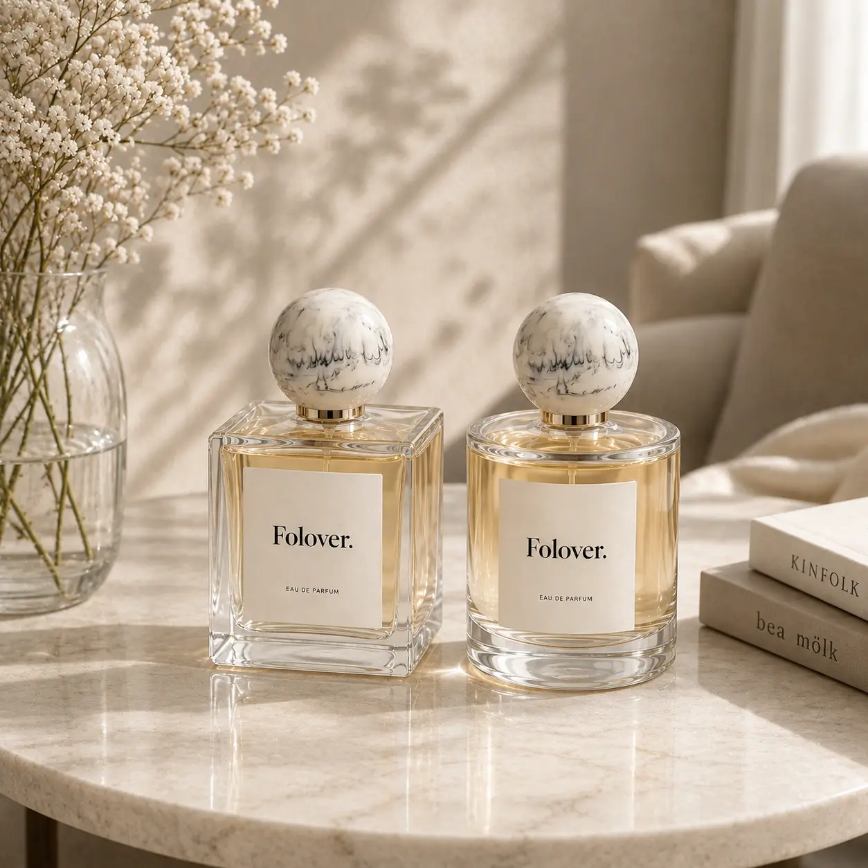 Tampa de Perfume em Resina com Padrão de Mármore em Garrafa de Perfume Tampa de perfume redonda em resina com padrão de mármore mostrada montada numa garrafa de perfume como referência de aplicação em embalagens de fragrância