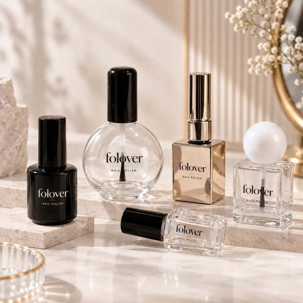 Glass nail polish bottles in different sizes and shapes with matching brush cap option BY FOLOVER PACK
