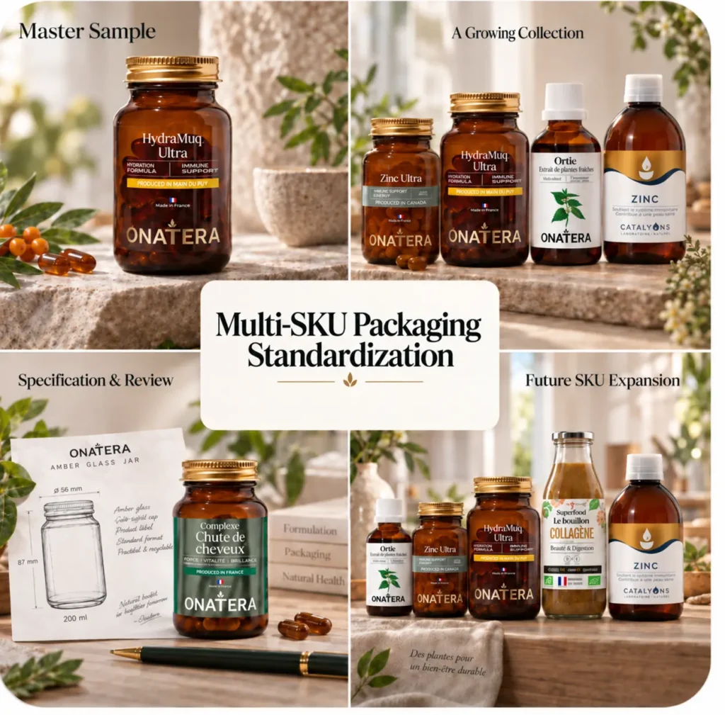 Onatera multi-SKU packaging standardization case study with master sample, amber glass bottles and future SKU expansion