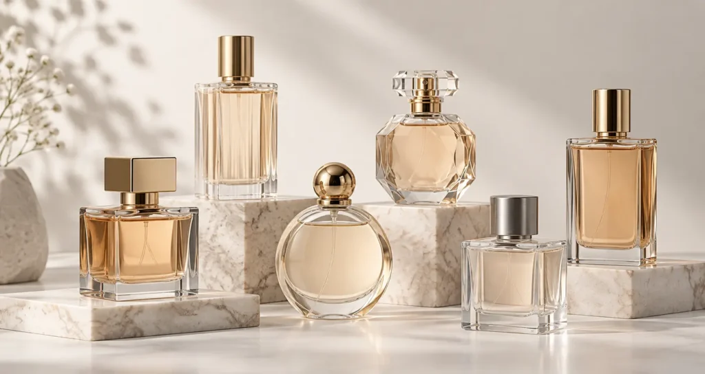 Perfume glass bottle collection with round, square and luxury fragrance bottles