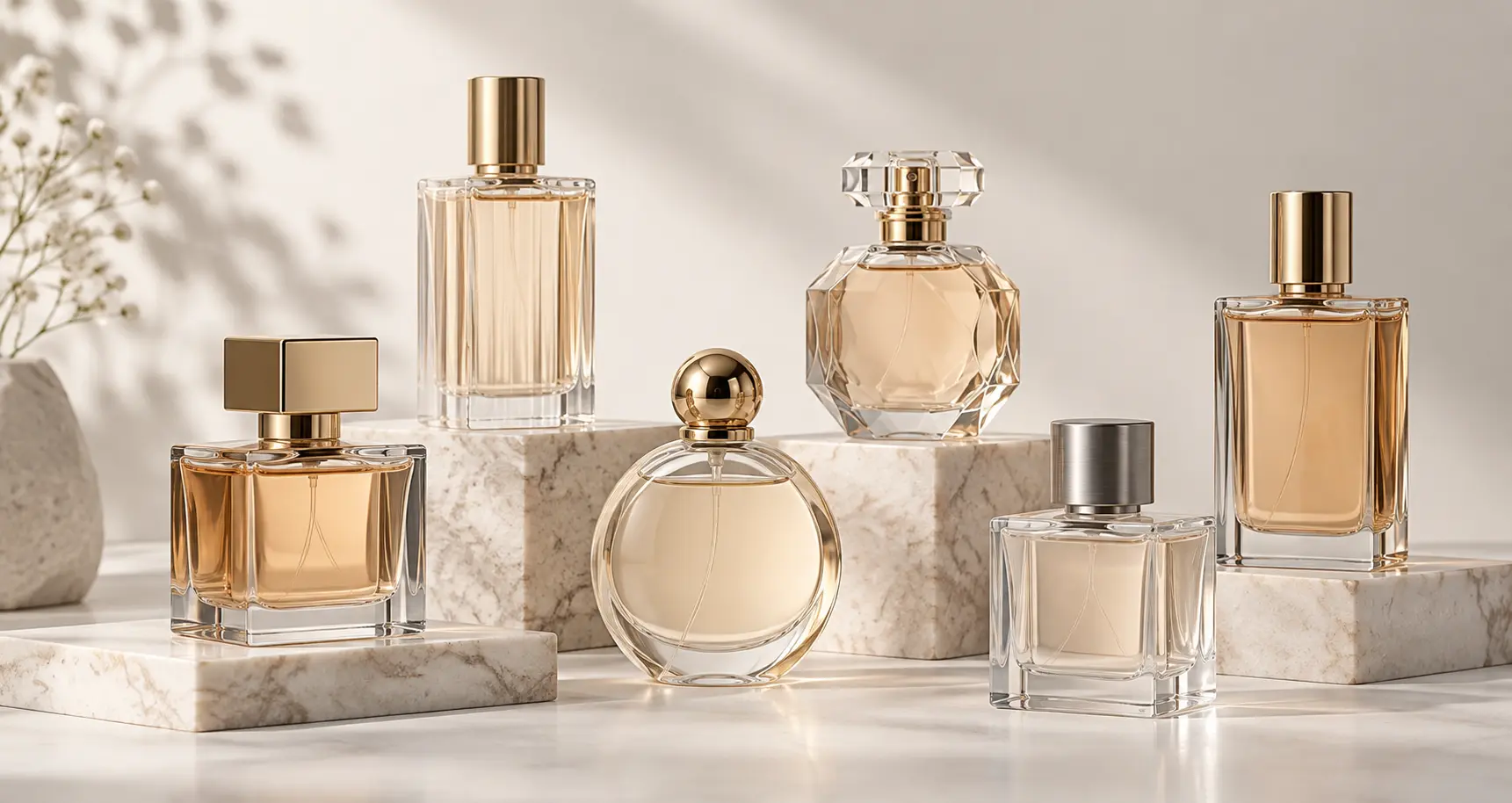 Perfume glass bottle collection with round, square and luxury fragrance bottles