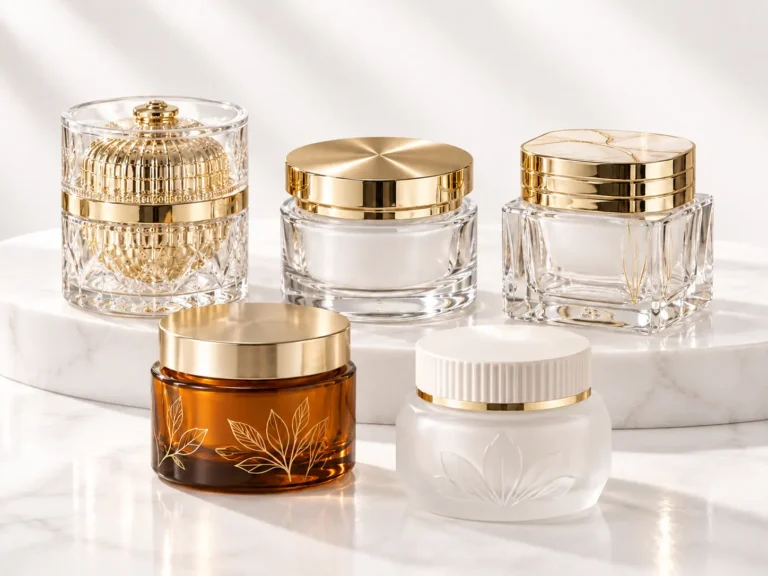 Premium glass cream jars with clear, frosted, amber and decorative finishes for skincare packaging BY FOLOVER PACK