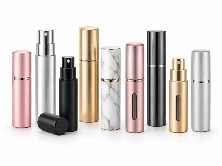 Refillable perfume bottles and travel atomizers in 5ml, 8ml, 10ml and 15ml sizes with cylindrical, marble-pattern, twist-up and bottom-fill designs by FOLOVER PACK