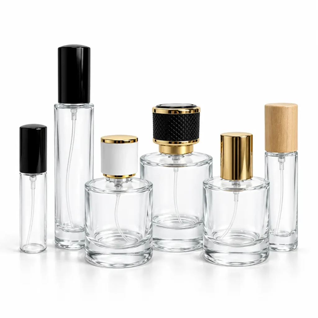 Round perfume bottle collection in 10ml, 15ml, 30ml, 50ml and 100ml sizes with different sprayer and cap options by FOLOVER PACK