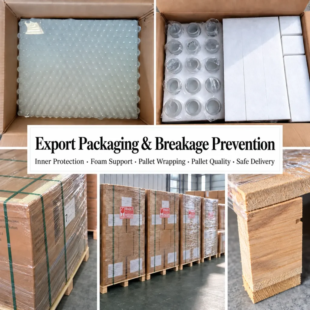 Skinminute export packaging and glass breakage prevention case study with inner protection, foam support and reinforced pallets