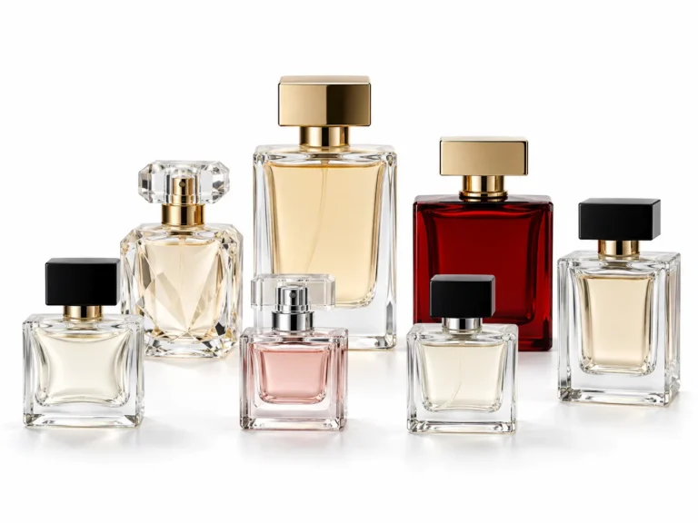 Square perfume bottle collection featuring 30ml, 50ml, 70ml and 100ml glass designs with heavy-base, faceted, recessed and red square styles by FOLOVER PACK