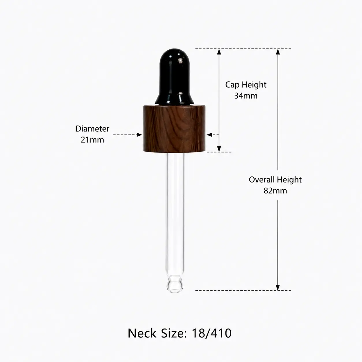 Wood Grain Aluminum Collar Glass Dropper Dimensions Wood grain aluminum collar glass dropper dimensions showing 21mm outside diameter, 34mm cap height, and 82mm overall height including the glass pipette