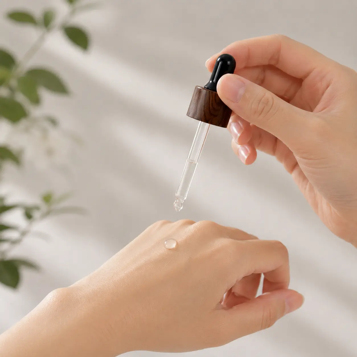 Wood Grain Aluminum Collar Glass Dropper in Use Wood grain aluminum collar glass dropper in use with liquid dispensing through the transparent glass pipette