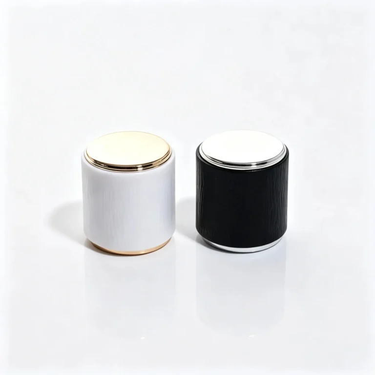 Cylindrical ABS perfume cap shown from the front with an imitation wood grain exterior for fragrance packaging