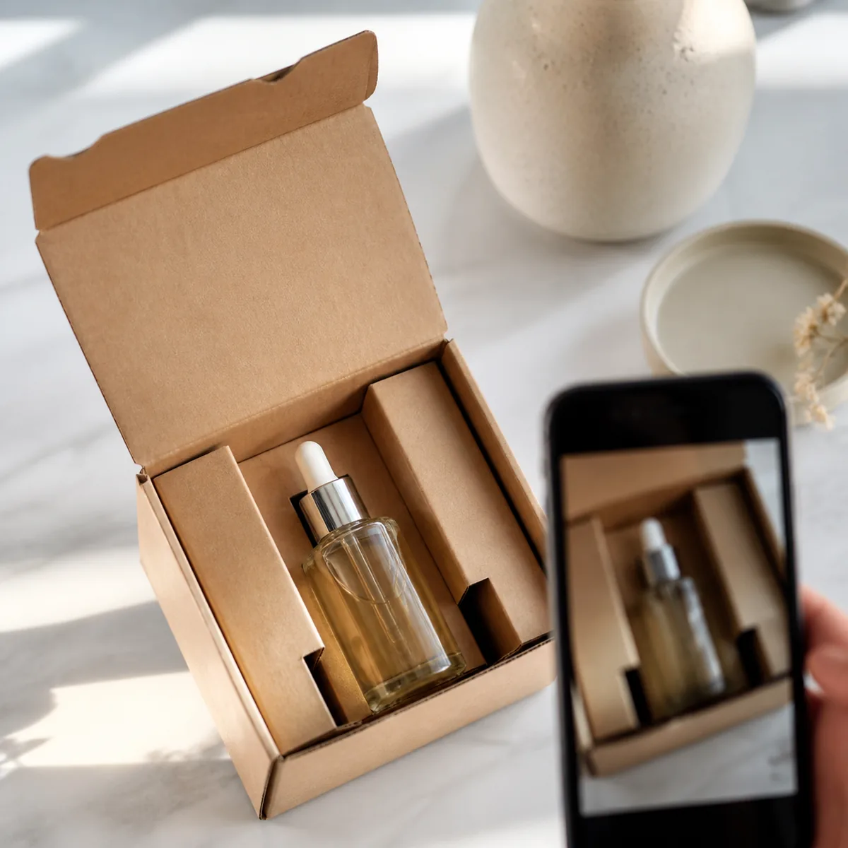 Beauty packaging prepared for unboxing and customer review photography