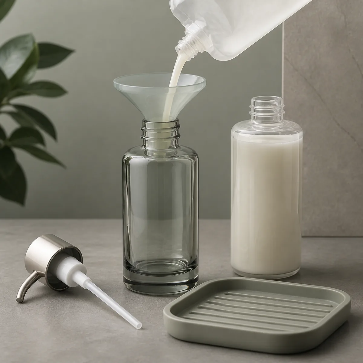 Bottiglia beauty in vetro e interfaccia di ricarica disposte per un trasferimento pulito del prodotto