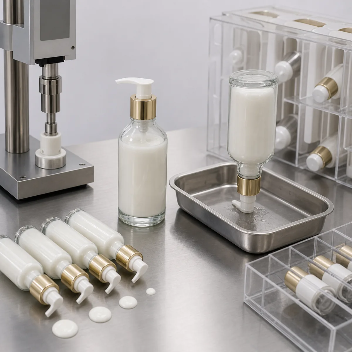 Assembled cosmetic pump bottles arranged for seal dispensing and orientation validation