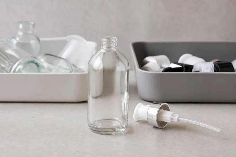 Empty cosmetic glass bottle and detached multi-material pump arranged for separate sorting decisions.