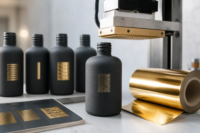 Spray-coated cosmetic glass bottle with metallic foil and controlled hot-stamping development setup.