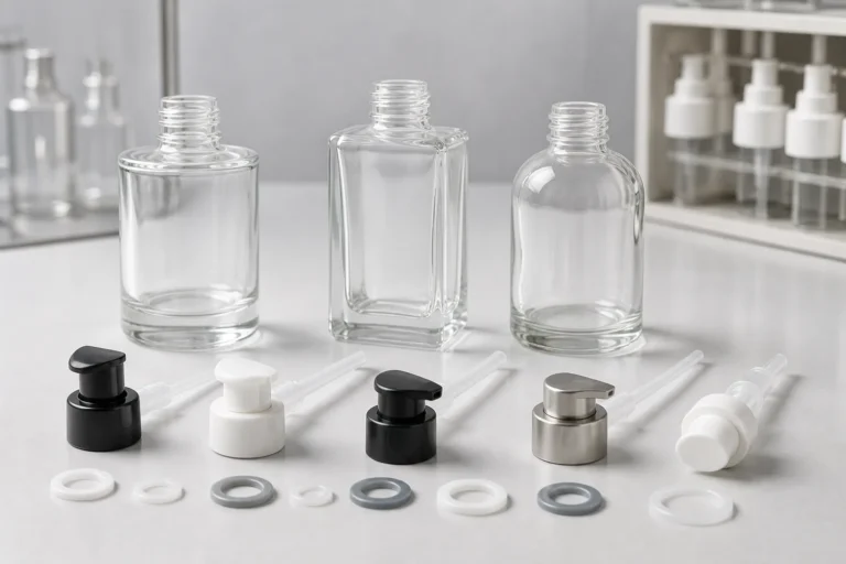 Different cosmetic glass bottles and lotion pumps arranged for compatibility review.