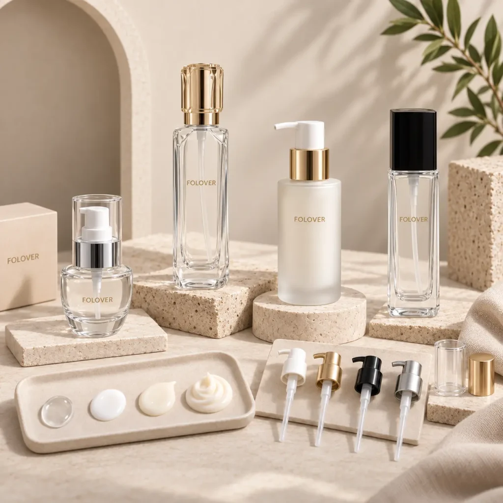 Glass lotion bottles with different pump dispensers for matching skincare formula viscosity, dosage and bottle capacity