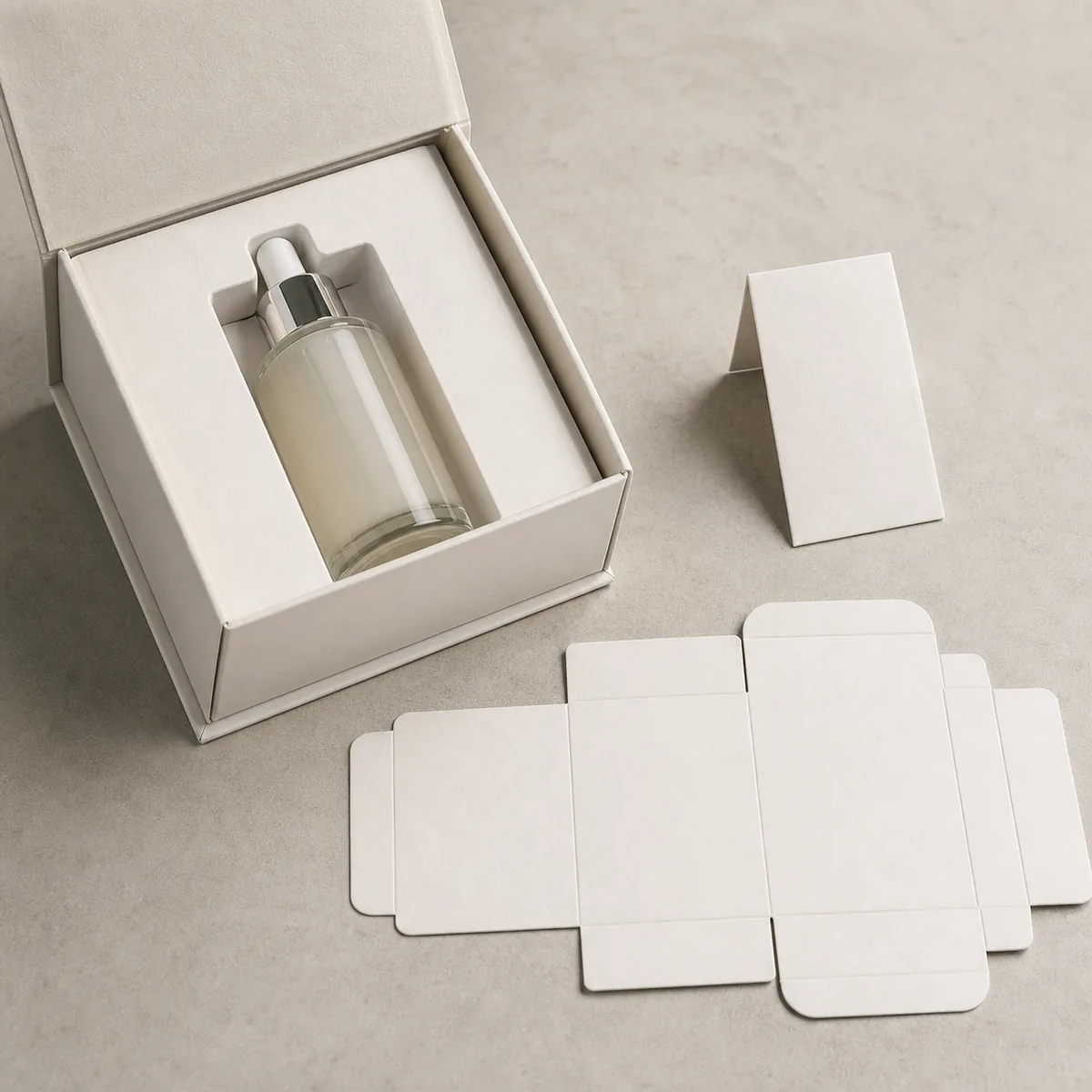 Cartone cosmetico protettivo compatto con inserto sagomato per flacone in vetro e pannello informativo