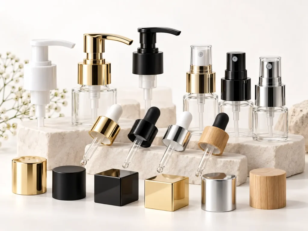 Cosmetic bottle pumps, fine mist sprayers, glass droppers and decorative caps for wholesale beauty packaging