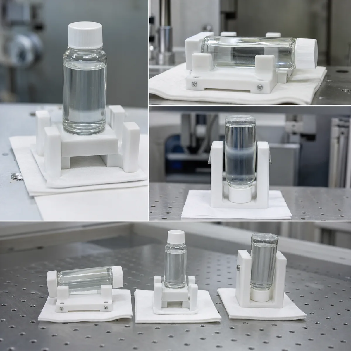 Cosmetic glass bottles held upright sideways and inverted for leakage and transport evaluation