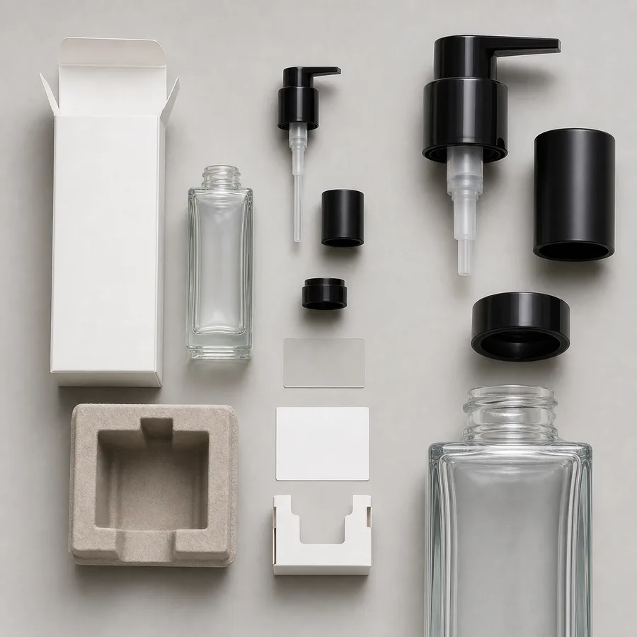 Flacon din sticlă cosmetică, pompă, capac, cutie de carton și componente interioare aranjate pentru o referință de material
