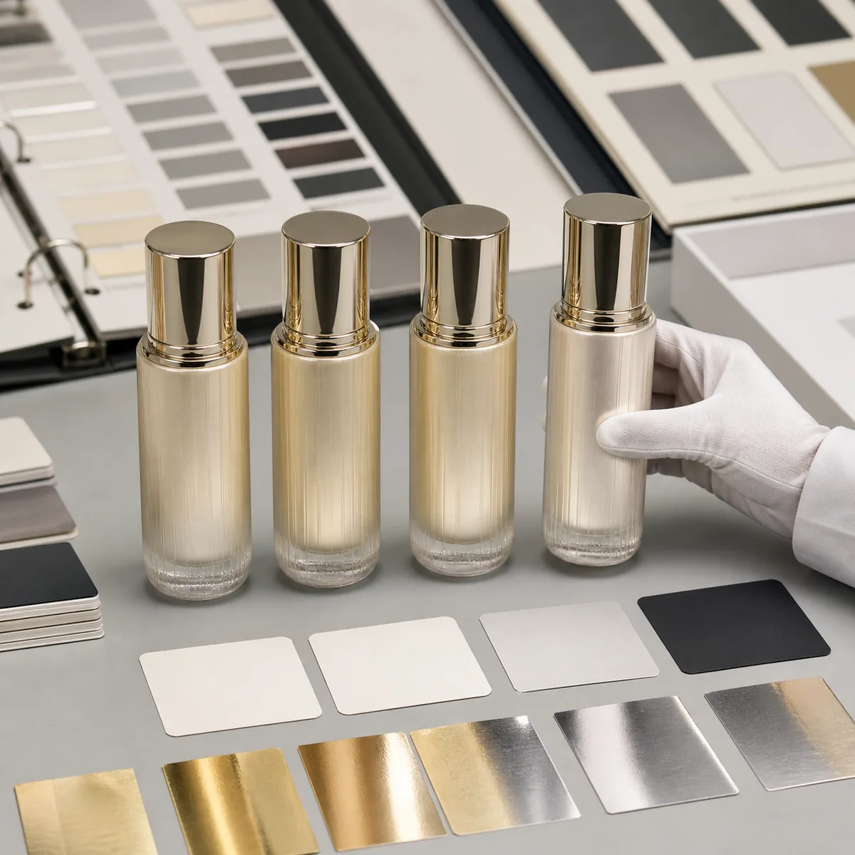 Decorated cosmetic glass bottles and reference samples reviewed by production lot