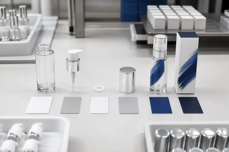 Cosmetic bottle components and carton organized as a controlled identity chain