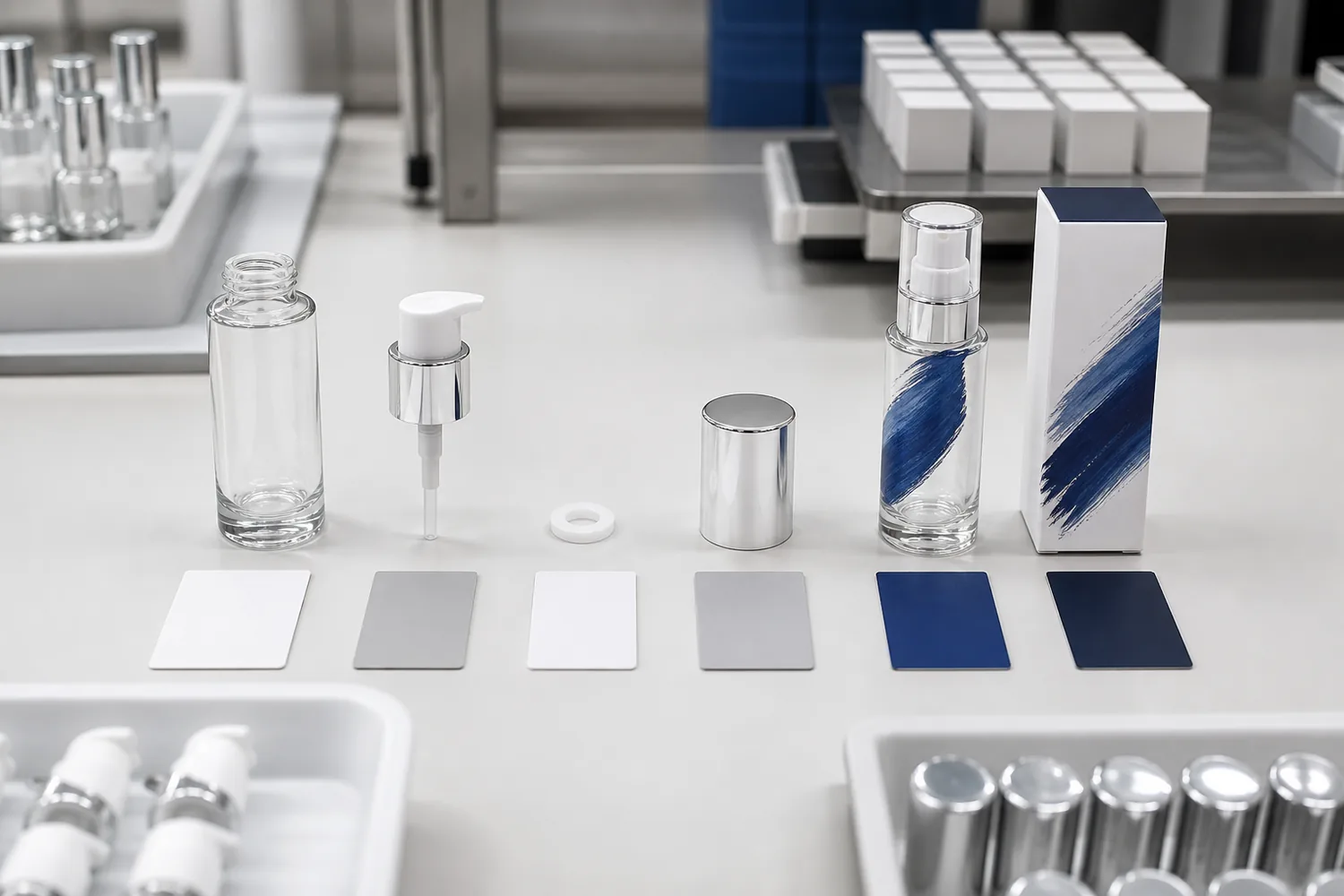 Cosmetic bottle components and carton organized as a controlled identity chain