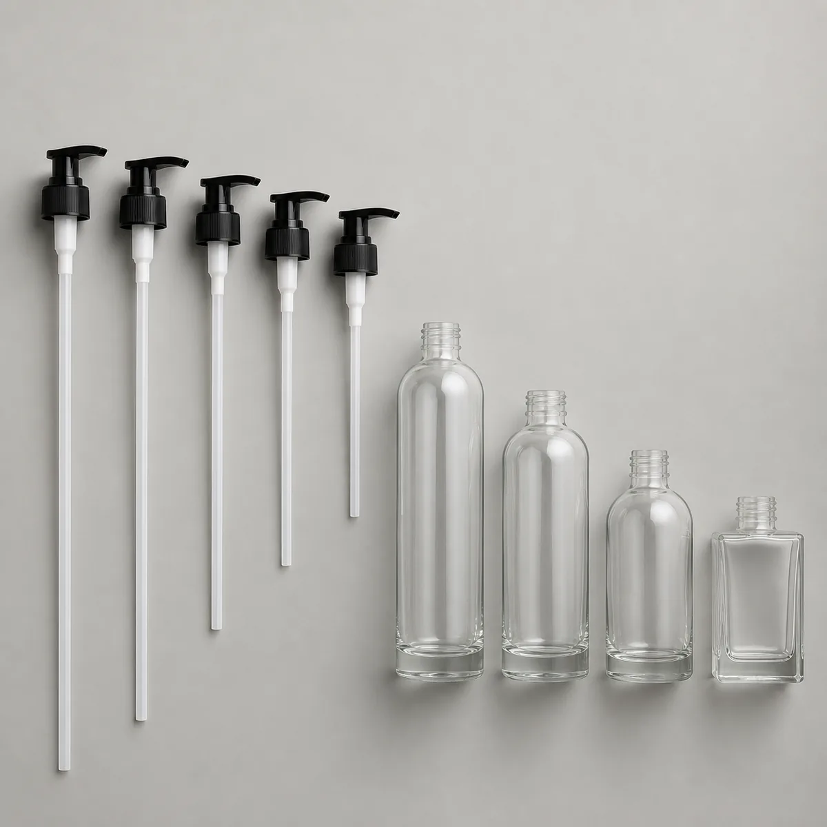 Cosmetic pump dip tubes of different lengths beside glass bottles of different internal heights