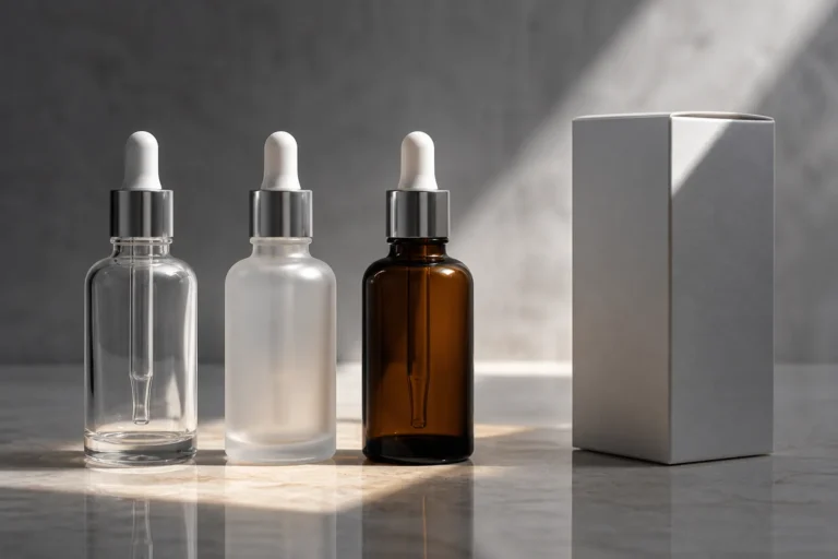 Clear, frosted, and amber cosmetic bottles compared under controlled neutral light.