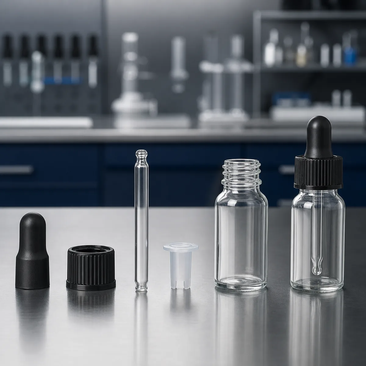 Disassembled bulb collar pipette and bottle arranged for dropper system diagnostics