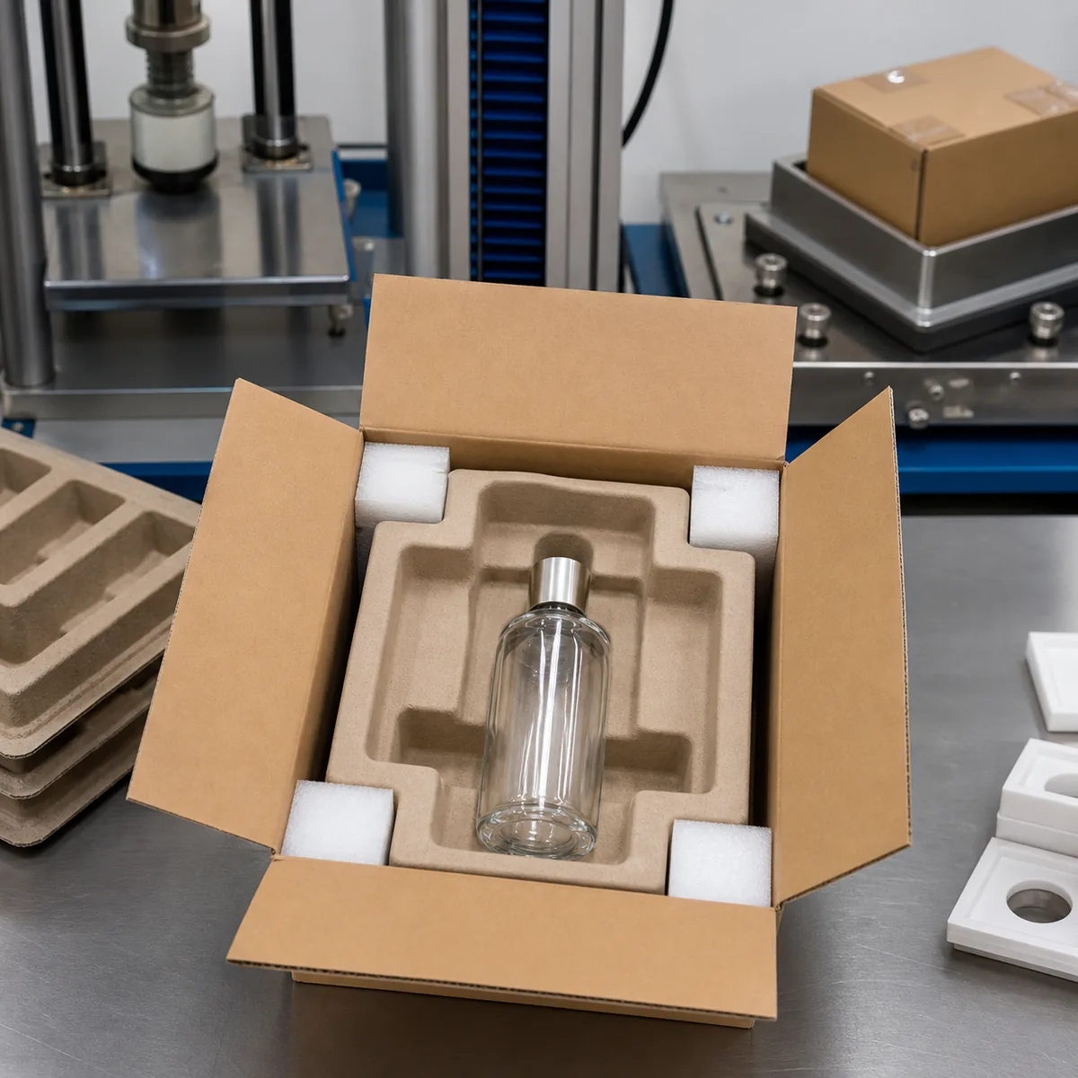 Cosmetic glass packaging arranged for e-commerce parcel durability evaluation