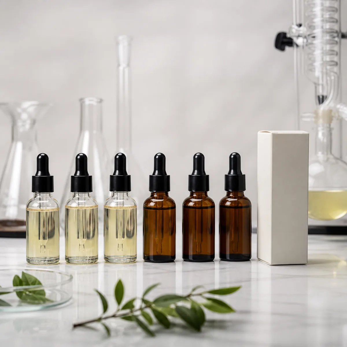 Ürüne özel stabilite değerlendirmesi için düzenlenmiş şeffaf ve kehribar damlalıklı şişe numuneleri