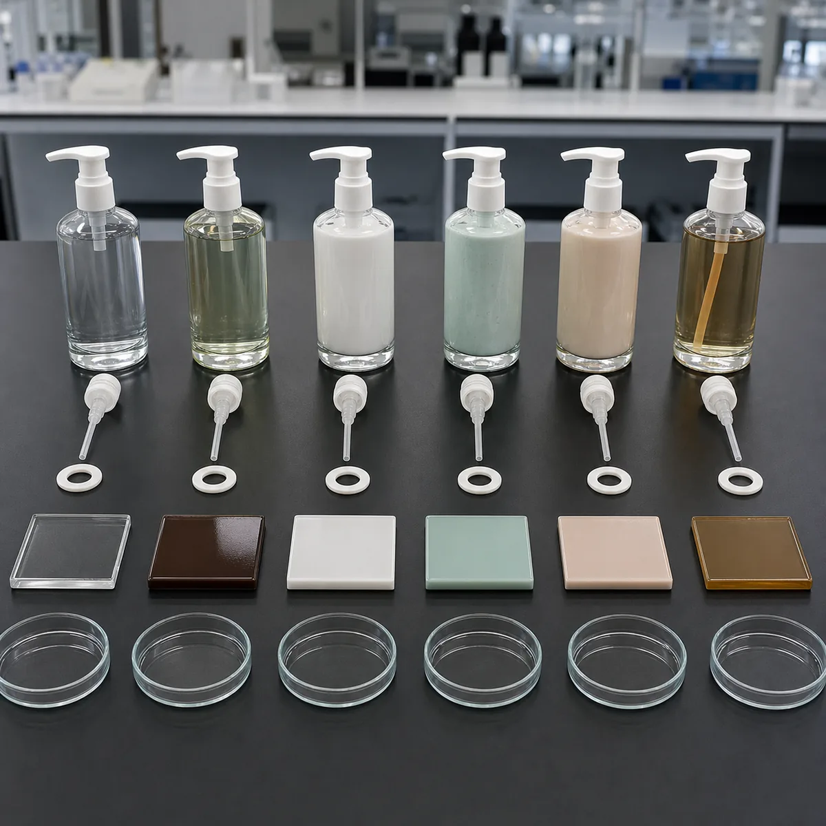 Cosmetic formula bottle pump seal and decoration samples arranged as matched compatibility sets