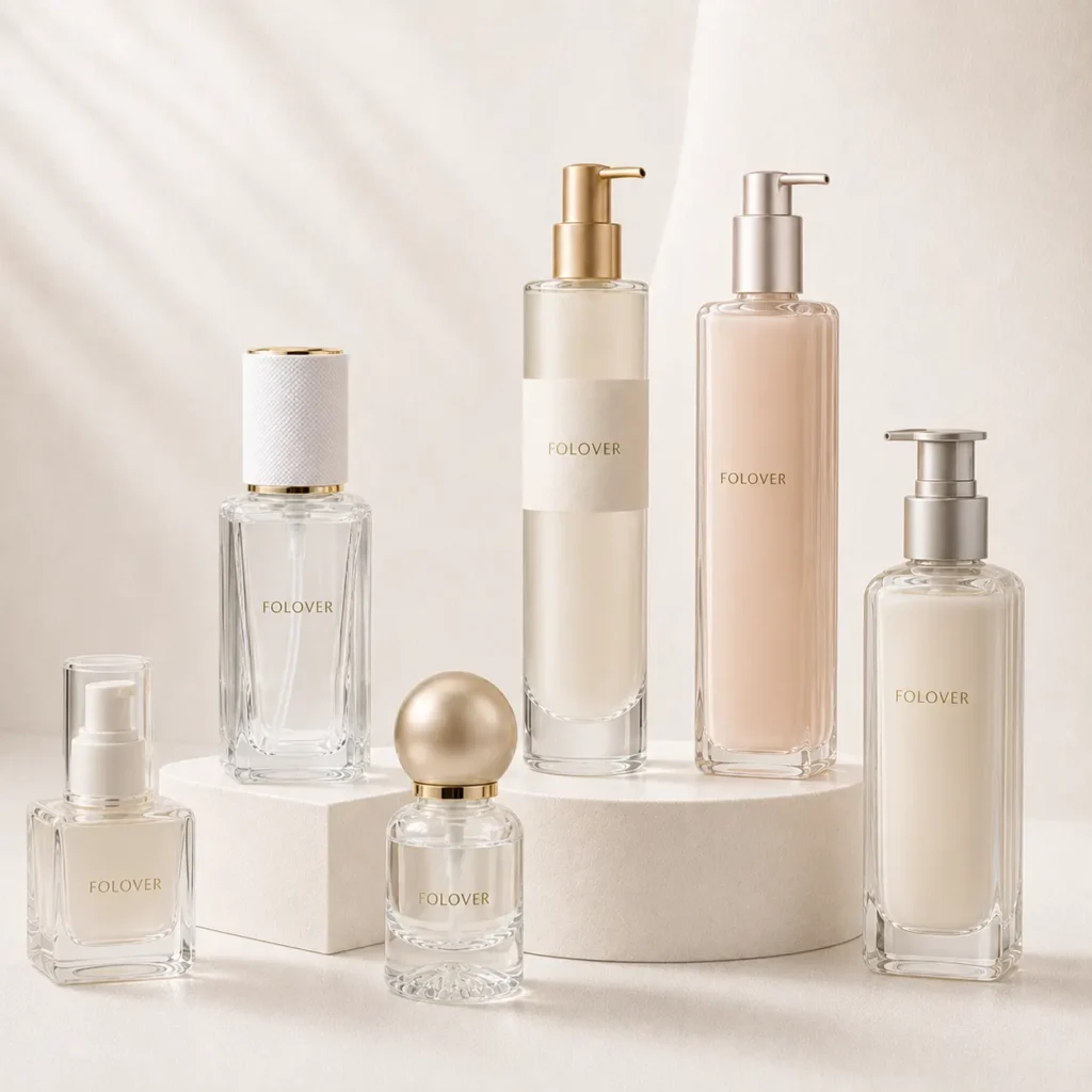 Glass lotion bottles in 30ml, 50ml, 100ml, 120ml and 150ml sizes with clear, frosted and decorative finishes and lotion pump options