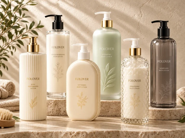 Compact glass lotion bottles with pumps for treatment lotions, concentrated skincare and controlled dispensing