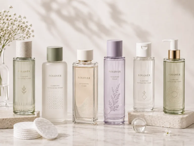 Glass toner bottles with caps and controlled dispensing for clarifying and exfoliating skincare formulas